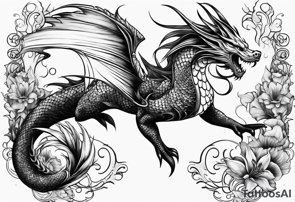 long flowing mermaid or dragon
fan tail tattoo idea