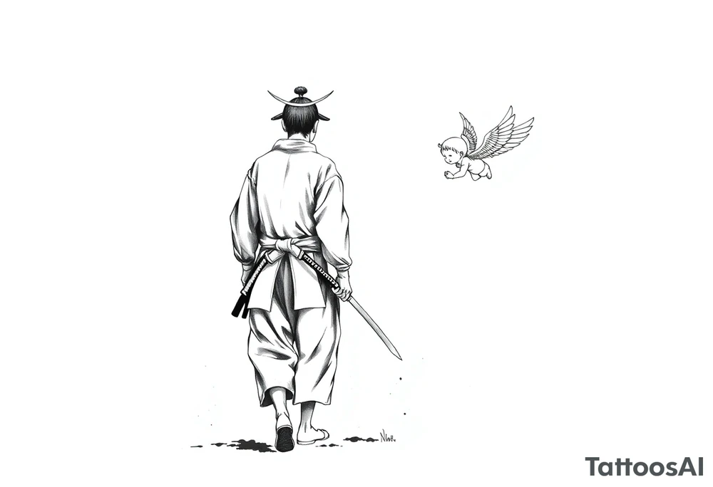 Blackwork tattoo illustration of a samurai walking forward, seen from behind. The samurai wears a traditional kimono and hakama, holding two long katanas in a relaxed but ready pose. To his right, a small child angel with detailed feathered wings floats in the air, gently reaching toward him with an outstretched hand. Strong contrast, dynamic ink splatters, sumi-e brush stroke effects, minimalist white background, dramatic lighting, emotional and symbolic composition, high-detail linework tattoo idea