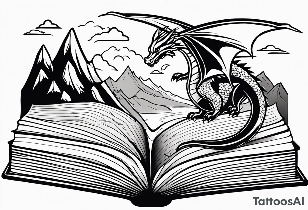 A large open book fluttering pages. a tiny dragon with scales and four legs flying high in the sky. three mountains magic tattoo idea