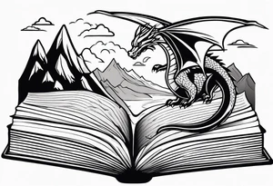 A large open book fluttering pages. a tiny dragon with scales and four legs flying high in the sky. three mountains magic tattoo idea
