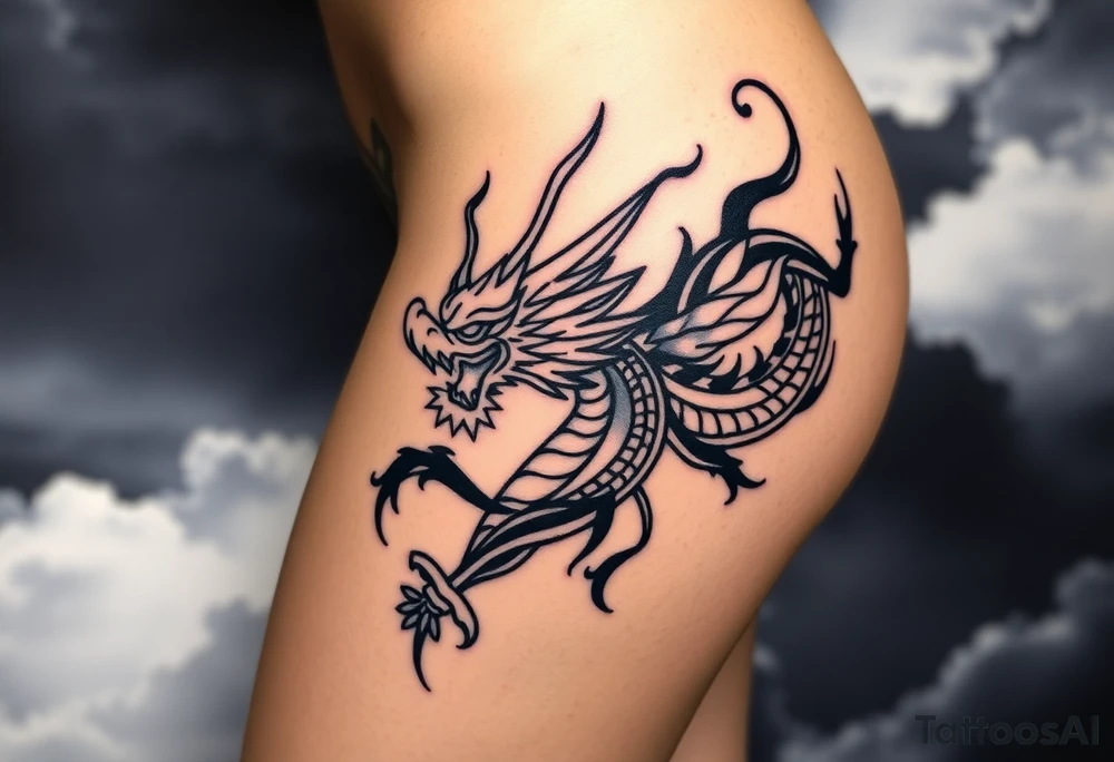 fierce dragon breathing iridescent fire against stormy skies tattoo idea