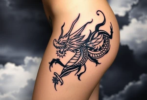 fierce dragon breathing iridescent fire against stormy skies tattoo idea