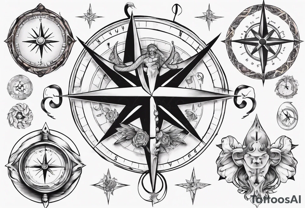 Compass tatoo with Gemini angels and snake tattoo idea