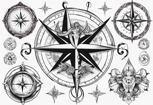 Compass tatoo with Gemini angels and snake tattoo idea