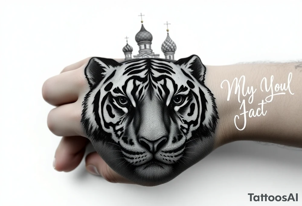 Realistic relic style tiger face on the back of the hand with strong contrast and fine detail with its eyes completely black. with a highly detailed Russian Orthodox cathedral sitting above on fore arm with onion domes and orthodox crosses, done in fine line, engraving-like style. Cohesive composition, black ink only, no color, high contrast, slightly aged, documentary-style, plain light background. with clouds above and a virgin mary 
spanning from my hand to lower fore arm tattoo idea