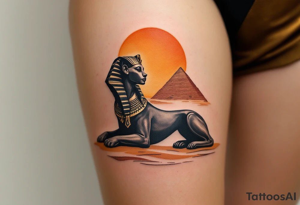 A bronze Sphinx silhouette under a burnt orange desert sun. tattoo idea