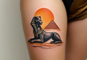 A bronze Sphinx silhouette under a burnt orange desert sun. tattoo idea