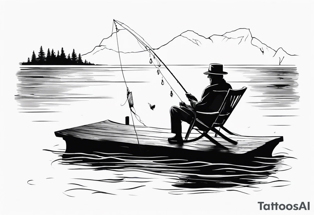 Old man fishing in a rocking chair next to water tattoo idea