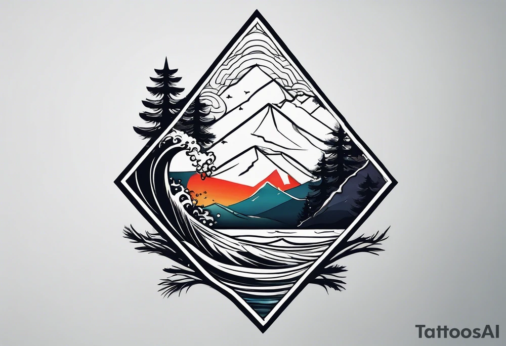 a rhombus shape. Crashing wave at the front. snow-capped mountain at the back. Pine trees to the side. 3 stars in the sky tattoo idea