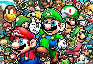 Gaming sleeve including Mario and Luigi, assassin's creed, Squirtle, and legend of zelda tattoo idea