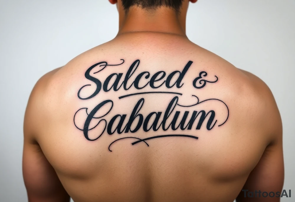 Script tattoo, LA Chicano style, style like alecki ramos the tattoo artist, I need it to say both my last names - Salcedo and Cabalum. One on top of the other. I need it to spread across the top half of my back, touching the top of shoulder blades. tattoo idea