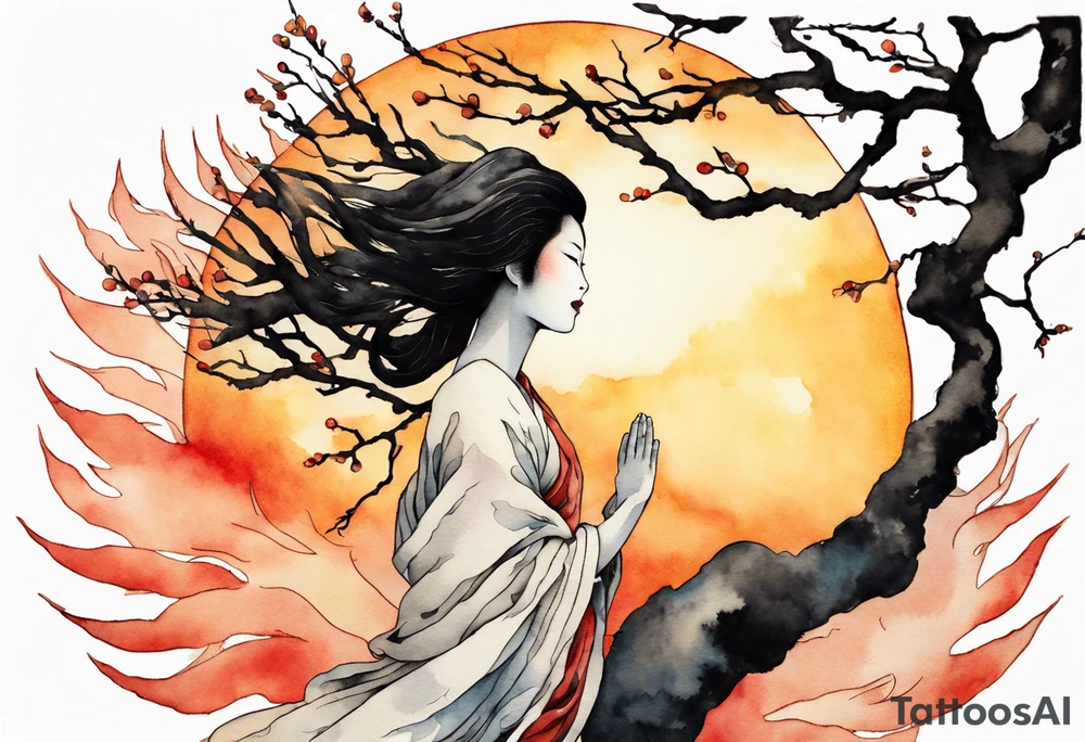 a black tree woman reaching towards a blazing sun in the sky tattoo idea