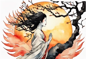 a black tree woman reaching towards a blazing sun in the sky tattoo idea