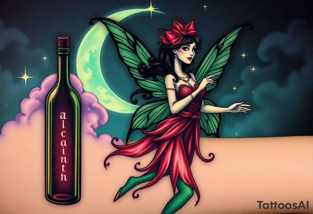 Tim Burton’s pin up style Vintage Parisian elegant and hauntingly beautiful yet eerie full body absinthe Green Fairy dances outside her victorian crystal decatur absinthe bottle Absinthe Art Nouveau   and dripping with muted reds, dusty pinks, and eerie green glow.purple and cyan smokey clouds swirl in the crescent moonlit sky thats sprinkled with stars tattoo idea