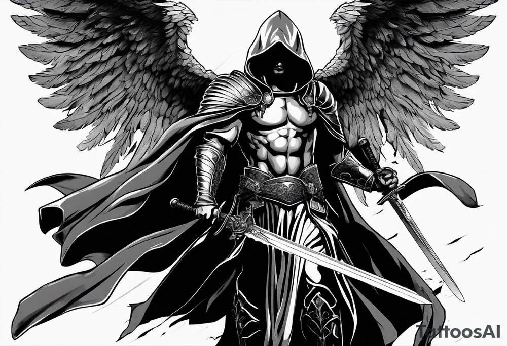 Micheal the arc angel standing holding a sword in front of his self wearing a cloak laying in a way you can see his battle torn armor and visibly beaten wings with a hood that just covers his eyes tattoo idea