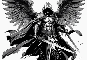 Micheal the arc angel standing holding a sword in front of his self wearing a cloak laying in a way you can see his battle torn armor and visibly beaten wings with a hood that just covers his eyes tattoo idea