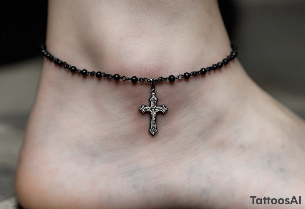 Delicate black‑ink rosary each bead slightly worn for a vintage look, ending at the front of the ankle with a small detailed silver‑gray crucifix that rests just below the anklebone, subtle highlights on the chain links to suggest polished metal while keeping the overall palette muted charcoal and cool gray for an elegant, timeless feel. tattoo idea