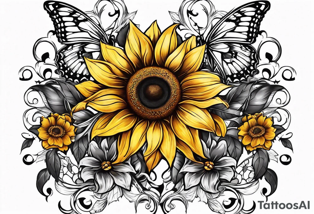 Arm sleeve with Winged cross with sunflower and butterflies tattoo idea