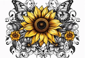 Arm sleeve with Winged cross with sunflower and butterflies tattoo idea
