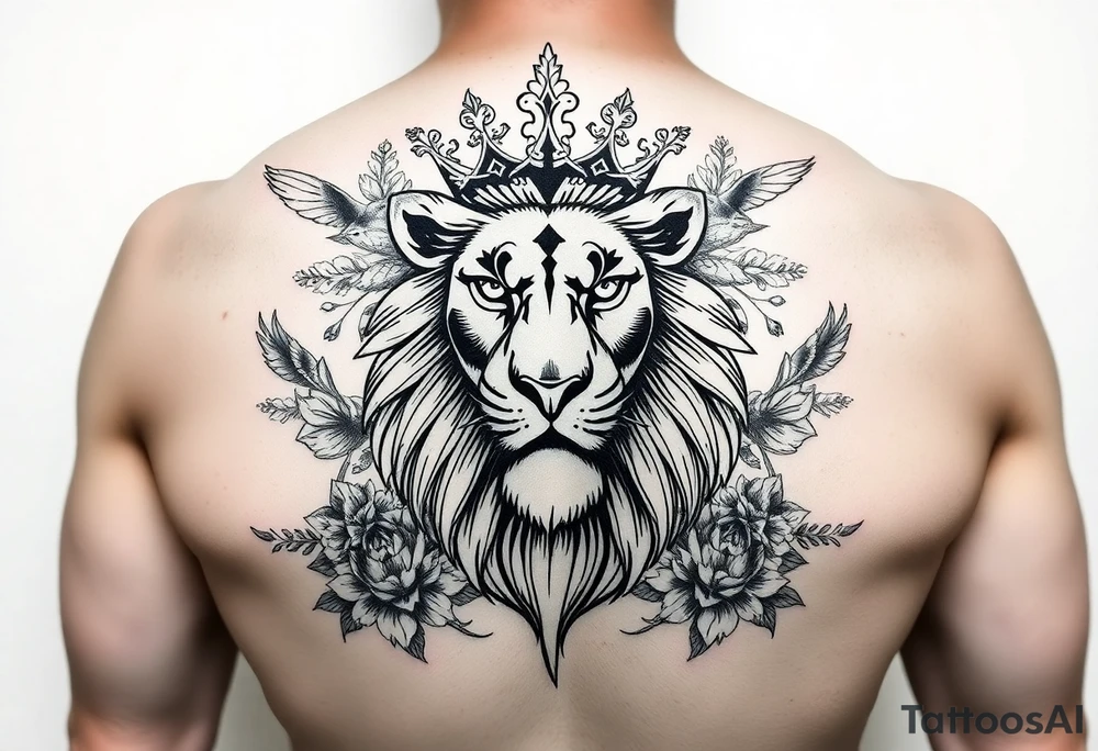 powerful majestic lion with a crown, surrounded by floral ornaments and birds tattoo idea