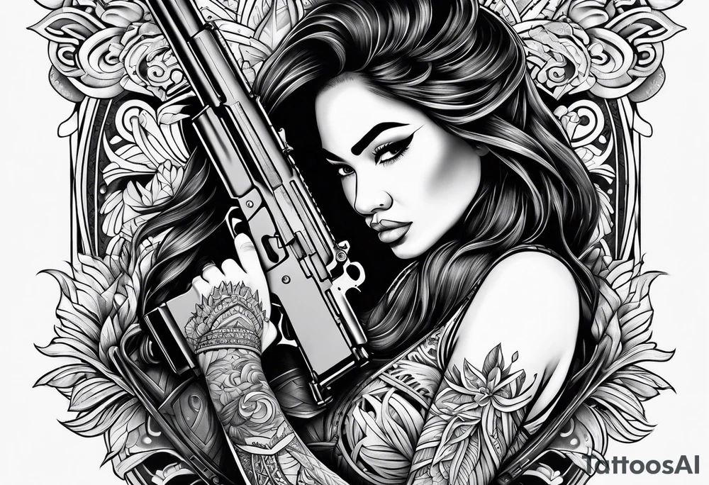 polynesian girl plays with gun tattoo idea