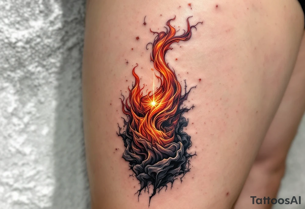 „I mala jiskra muze zalozit velky ohen.“ — A tiny golden spark igniting a roaring red-orange flame, with the phrase curling through the smoke. tattoo idea