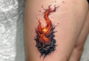 „I mala jiskra muze zalozit velky ohen.“ — A tiny golden spark igniting a roaring red-orange flame, with the phrase curling through the smoke. tattoo idea