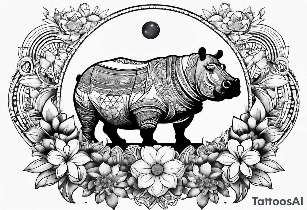 Hippo, flowers, moon, fine lines, tribal, geometric tattoo idea