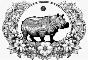 Hippo, flowers, moon, fine lines, tribal, geometric tattoo idea