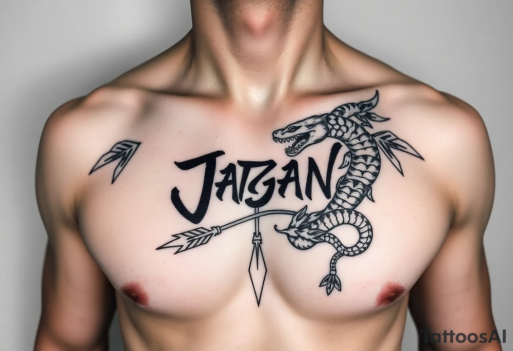 chest japan theme with naga lettering and arrow and snake tattoo idea