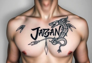 chest japan theme with naga lettering and arrow and snake tattoo idea