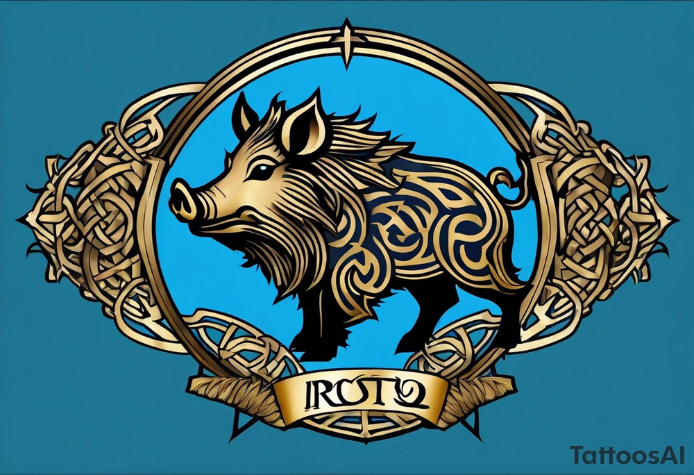 Side profile, Celtic, tribal, wild boar, On a Chatwin family crest with blue background, two gold stars, and a gold Chevron, and a Thistle. With thick black tribal lines. tattoo idea