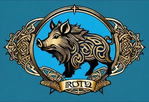 Side profile, Celtic, tribal, wild boar, On a Chatwin family crest with blue background, two gold stars, and a gold Chevron, and a Thistle. With thick black tribal lines. tattoo idea