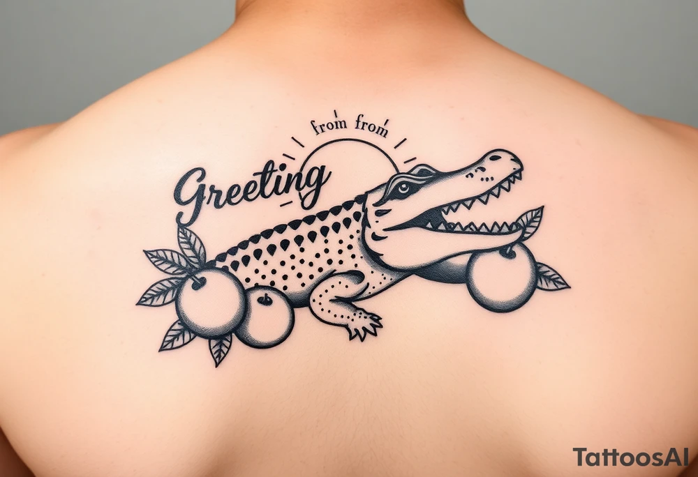 Greetings from florida themed traditional tattoo with a gator, sun and oranges can be a postage stamp tattoo idea