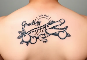 Greetings from florida themed traditional tattoo with a gator, sun and oranges can be a postage stamp tattoo idea