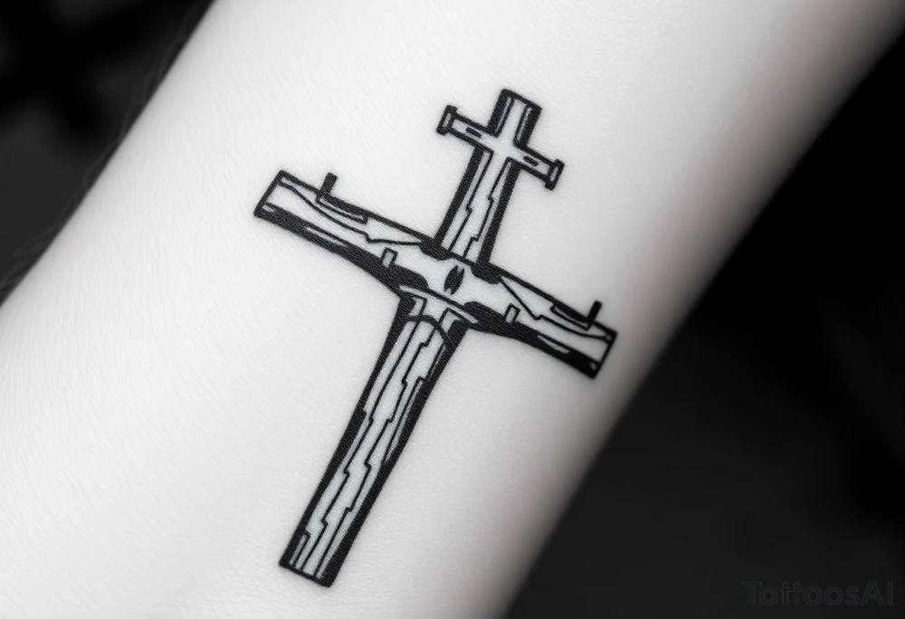 a wooden 12kv distribution pole. Make the pole a cross that has a hidden resemblance to god. tattoo idea