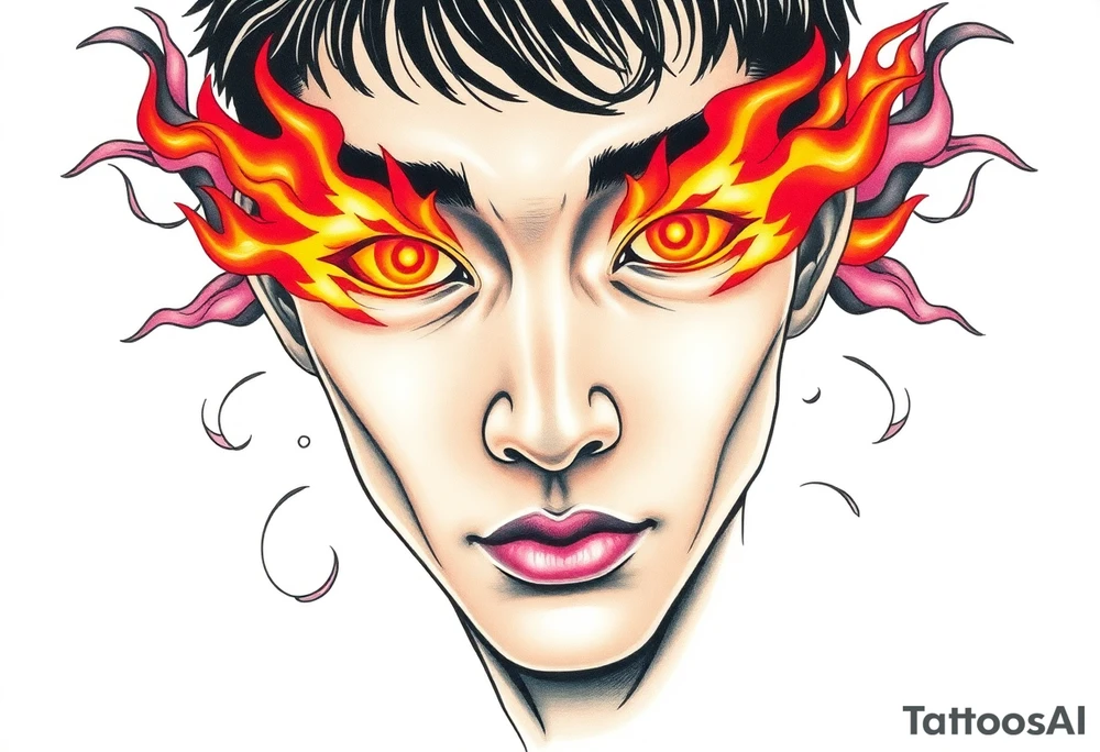 Handsome Asian young guy with burning eyes tattoo idea