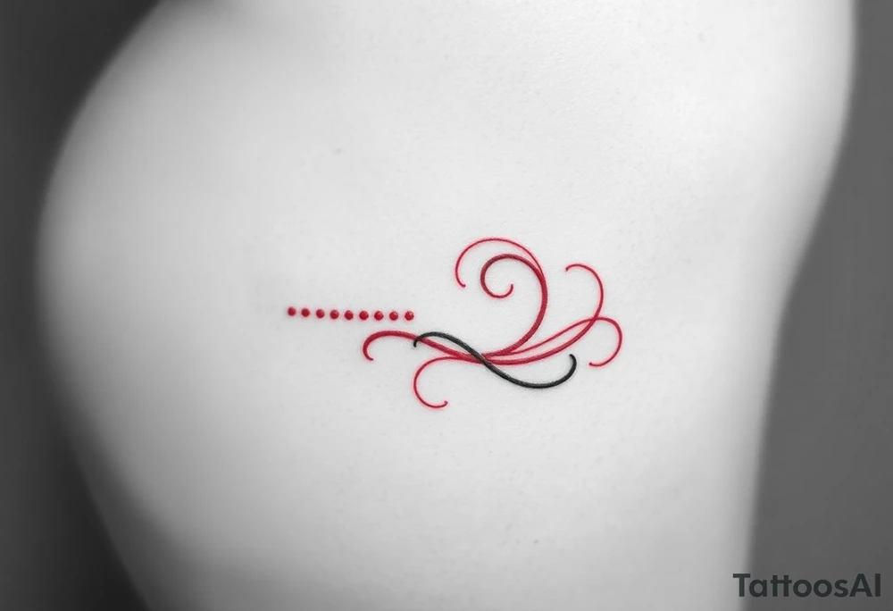 the text, “-... .-. .- . .- .-.. ....... -.. .- .-- --- --- -.. .......” in the shape of a swirl in red ink on female hip bone on the right side tattoo idea