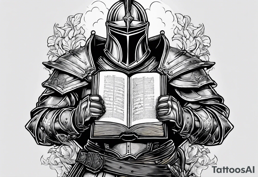 knight holding a bible over his head in combat with both hands tattoo idea