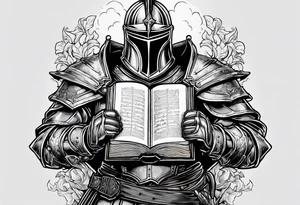 knight holding a bible over his head in combat with both hands tattoo idea
