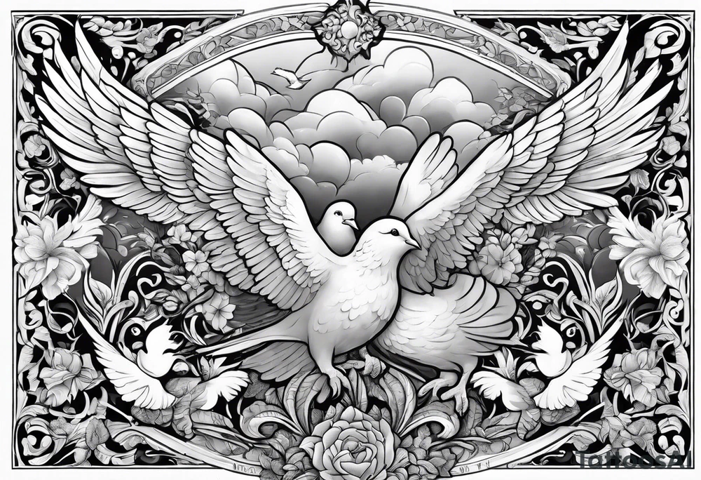 religious leg sleeve with nature, doves, clouds and angel tattoo idea