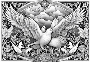 religious leg sleeve with nature, doves, clouds and angel tattoo idea