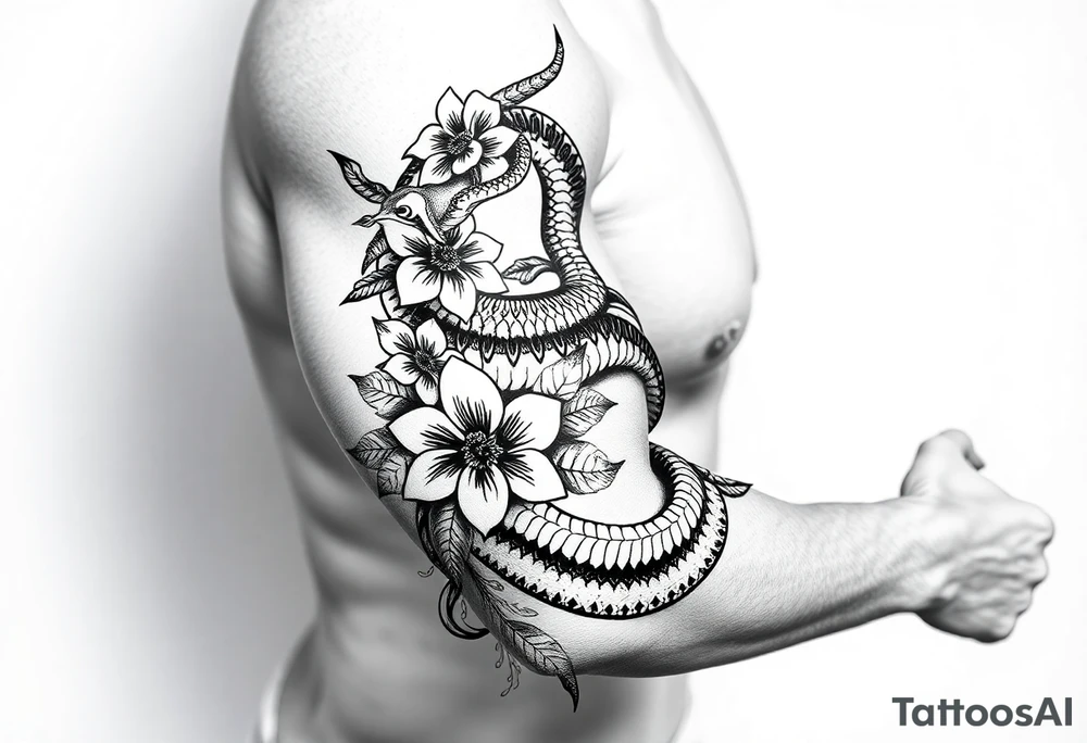 snake with flowers tattoo idea