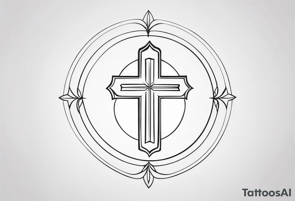 Minimalist Tattoo: A refined cross with a soft halo on top of it, symbolizing light and spirituality. Delicate rays extend outward from the halo, adding a subtle glow and depth. The cross itself is simple and elegant, with potential for small, intricate line details within the design. Style: Minimalist. tattoo idea