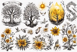 wasser, sonne, eule  wald, 
blume des lebens, 
baum, berlin tattoo idea
