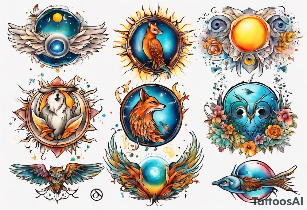fisch, fuchs und eule , symetrie  sonne, universum, bunt, " sapere aude" tattoo idea