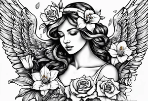 crying broken angel on swing add rose, lily daffodil, daisy, carnation narcissus around add hummingbird tattoo idea
