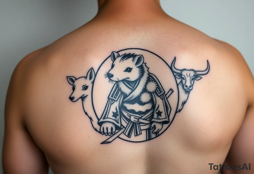 Japanese style tattoo consisting zodiac animals: rat(in the middle) with dog, goat, and ox surrounding the rat dressed up Samurai warrior style in a circular formation on the left of back tattoo idea