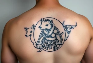 Japanese style tattoo consisting zodiac animals: rat(in the middle) with dog, goat, and ox surrounding the rat dressed up Samurai warrior style in a circular formation on the left of back tattoo idea