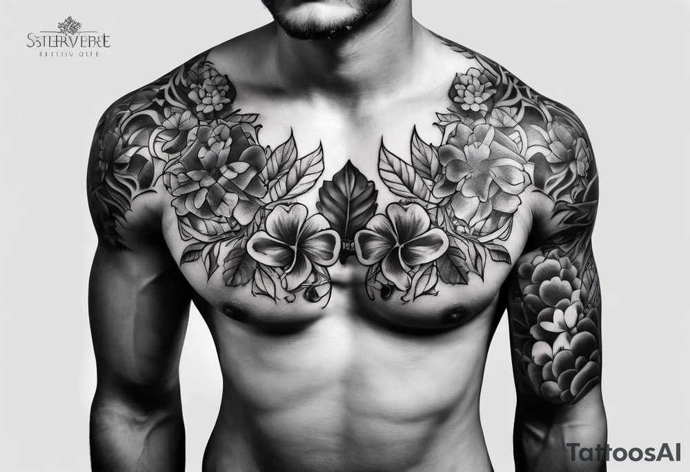 mens chest tattoo with four 4 leaf clovers on the collar bone tattoo idea